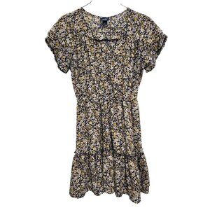 Daytrip BOHO Mini Dress Womens Medium Yellow Navy Floral Tiered Cottagecore
